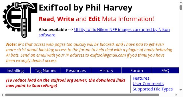 Screenshot of exiftool.org