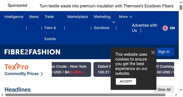Screenshot of fibre2fashion.com