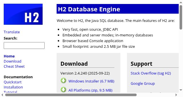Screenshot of h2database.com