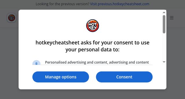 Screenshot of hotkeycheatsheet.com