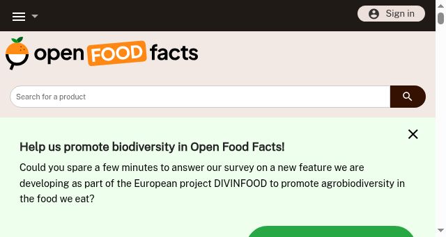 Screenshot of openfoodfacts.org