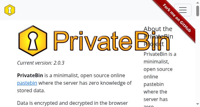 Screenshot of privatebin.info