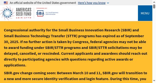 Screenshot of sbir.gov