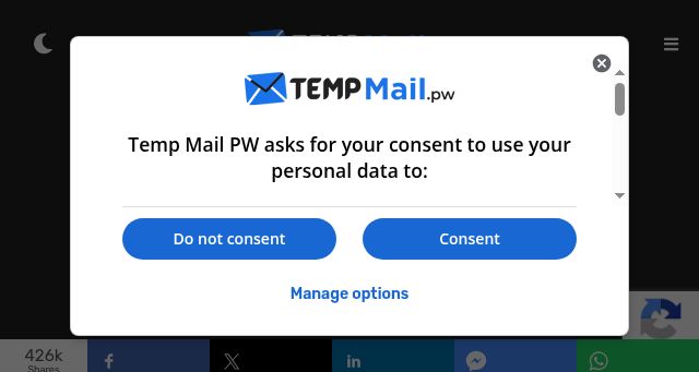 Screenshot of tempmail.pw